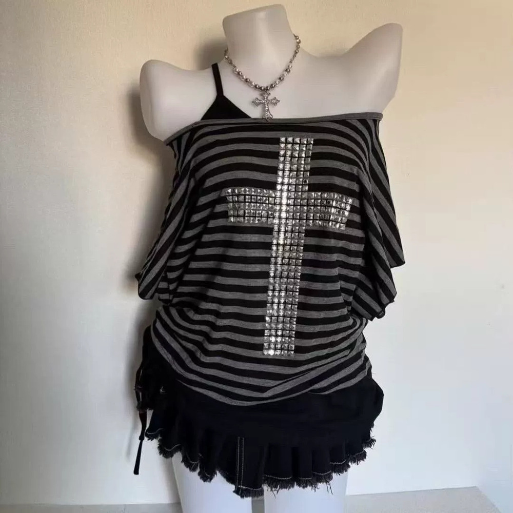 Zara Y2K Vintage Striped Cross Studs Off Shoulder Loose Fit Ruffled Top
